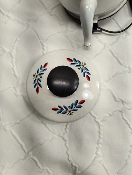 Vintage Enamelware Tea Kettle White With Fruit Design Wood Handle MCM