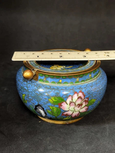 Chinese Antique Cloisonne Bowl Enamel Flowers Fine with Lid
