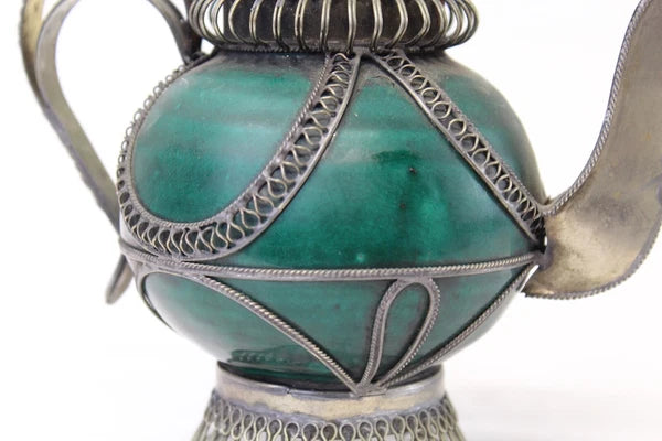 Chinese Middle Eastern Teapot Porcelain Metal Detailed Metal Accents Small Size