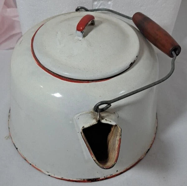 Vintage Enamel Large Tea Kettle, White With Red Trim And Red Handle