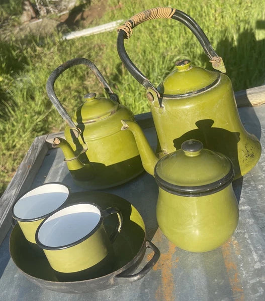Vintage Collection Of Garden Green Enamelware Tea Pots Cups Container & Tray