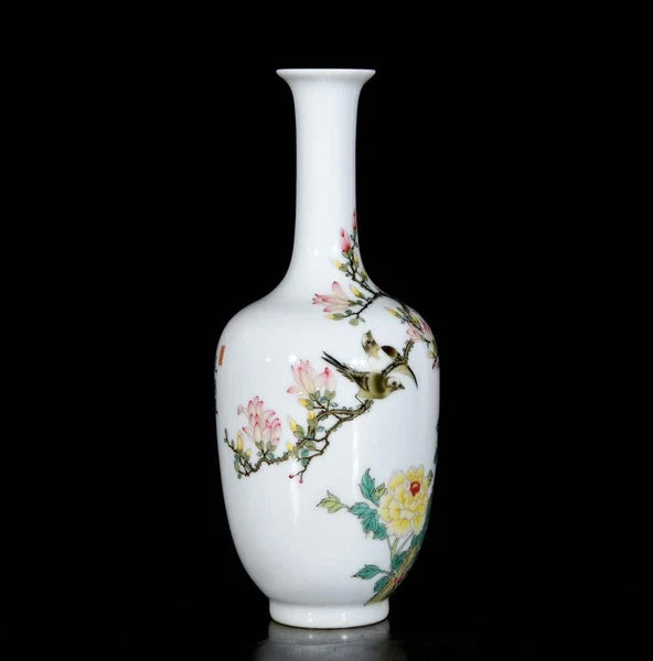 Qianlong Signed Pair Old Chinese Colour Enamel Vase W/bird N3736