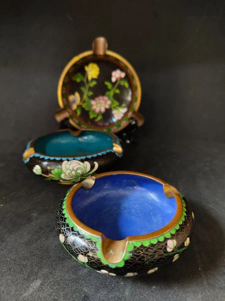 Chinese Vintage Cloisonne Bowl Cigarette stand Enamel Flowers Fine