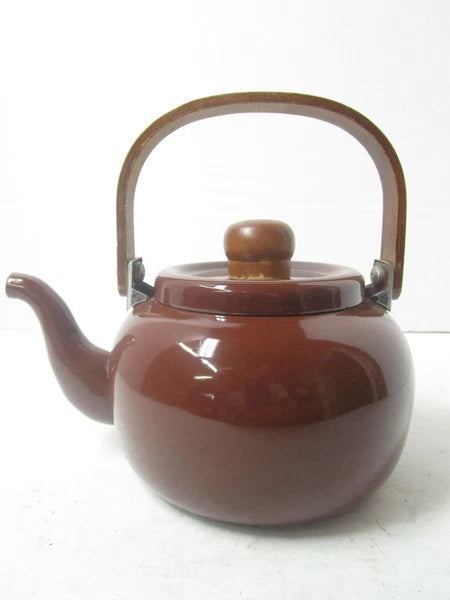 Gailstyn Sutton Taiwan Brown Vintage Enamelware Kettle Wood Handle Teapot