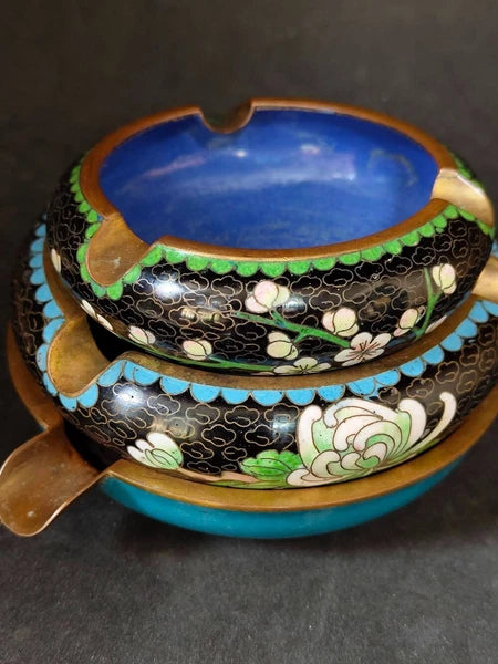 Chinese Vintage Cloisonne Bowl Cigarette stand Enamel Flowers Fine