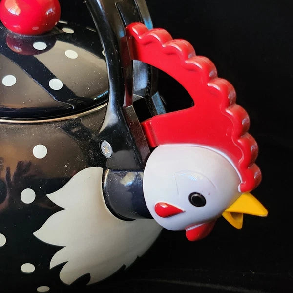 New Supreme Housewares Novelty Enamel Whistling Rooster Tea Kettle, Poka-dot