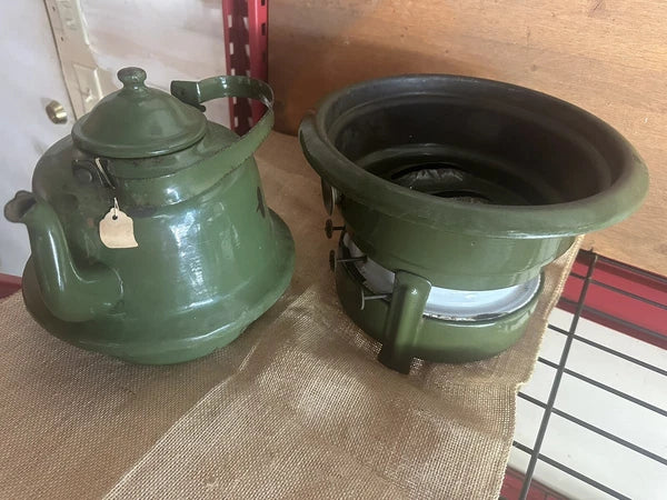 C. 1940S  Enamelware Stove Kerosene 3-wick STOVE WITH COFFEE / TEA POT - SCARCE