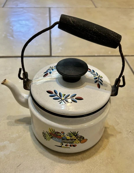 Swedish Tea Kettle White Tin Enamelware 1960’s with Fruit design