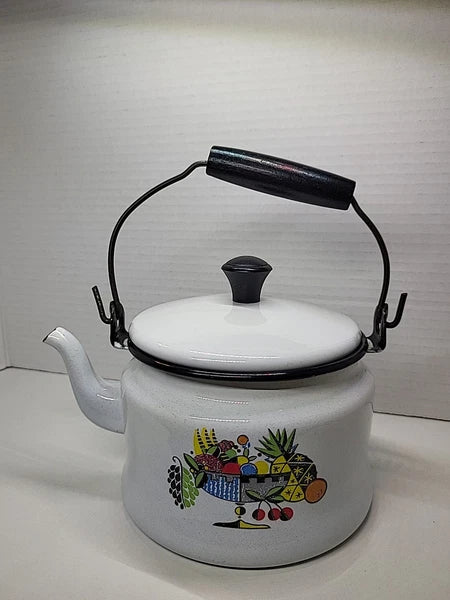 Vintage Bergren Swedish White Tin Enamelware 1960’s Tea Kettle with Fruit design
