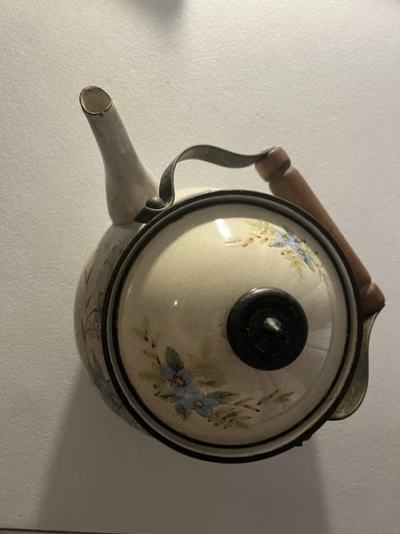 Mikasa Day Dreams Grande Chef Enamel Kettle Brass Handles Floral Blue Vintage