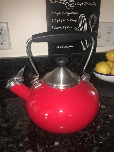 Vintage CHANTAL Whistling Tea Kettle Teapot Stovetop Enamel Red &  Silver Top