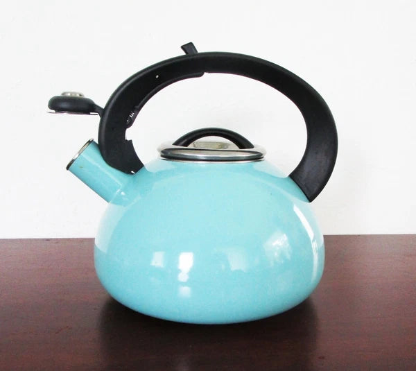Enamel Tea Kettle Aqua Teal Whistling Black Handle 3 Quart Space Age Design