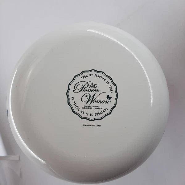 The Pioneer Woman  Enamel Tea Pot 11x9 Inches White & Red Floral Cool Handle EUC