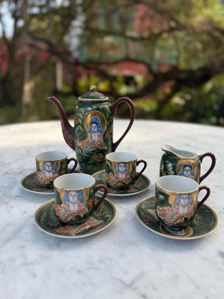 Vintage Hand-Painted Japanese Tea Set – Kutani Moriage Dragon Design, Made in Ja