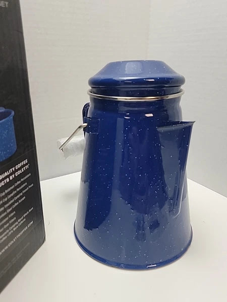 COLETTI Classic Camping Coffee Pot & Enamel Mug Set  Percolator Blue Glass Broke