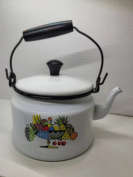 Vintage Bergren Swedish White Tin Enamelware 1960’s Tea Kettle with Fruit design
