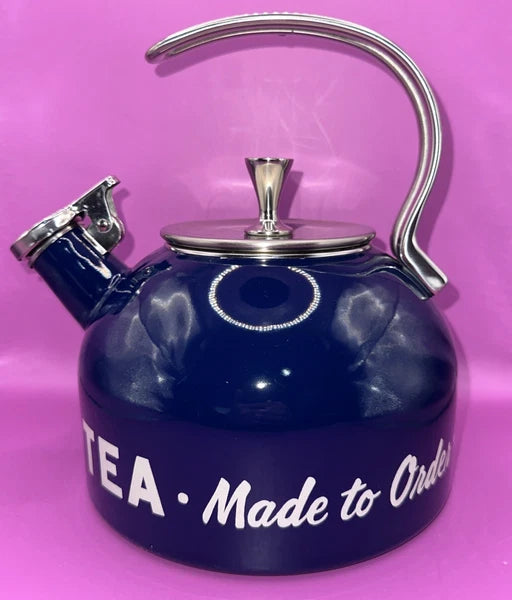 LENOX  KATE SPADE MADE TO ORDER COFFEE TEA KETTLE NAVY BLUE SILVER NICE COND