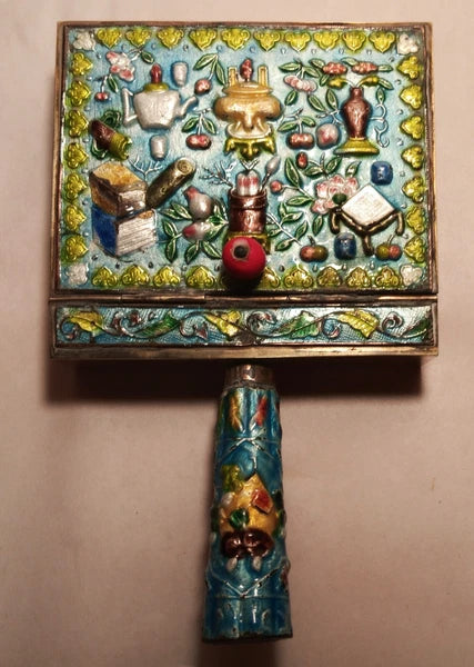 CRUMB CATCHER vtg chinese blue enamel cloisonne coin box teapot vase urn book