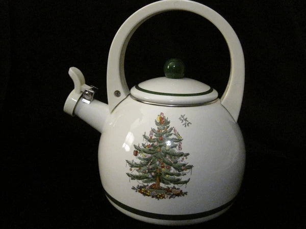 Spode Vintage Christmas Tree Metal Enamel Tea Pot Kettle, EUC