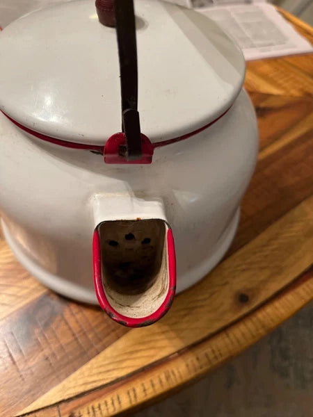 Large vintage enamel tea kettle with matching small basin