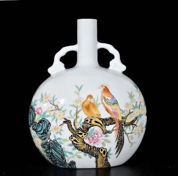30CM Qianlong Signed Old Chinese Colour Enamel Vase W/bird N3353