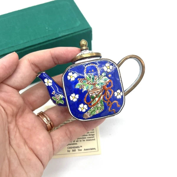 Chinemel Miniature Teapot by Bill Yee Copper and Enamel Vintage W/Box