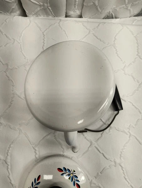 Vintage Enamelware Tea Kettle White With Fruit Design Wood Handle MCM