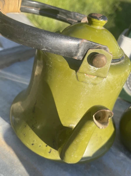 Vintage Collection Of Garden Green Enamelware Tea Pots Cups Container & Tray