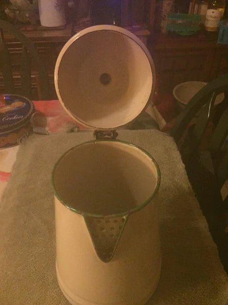 Vintage Cream-Beige and Green Enamelware Coffee Pot