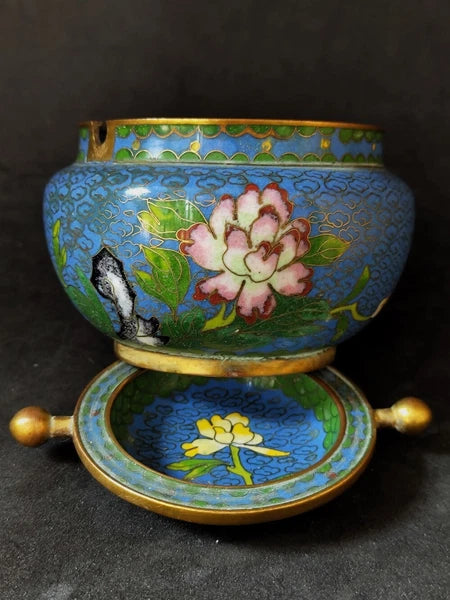 Chinese Antique Cloisonne Bowl Enamel Flowers Fine with Lid