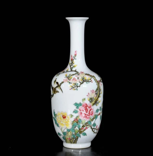 Qianlong Signed Pair Old Chinese Colour Enamel Vase W/bird N3736