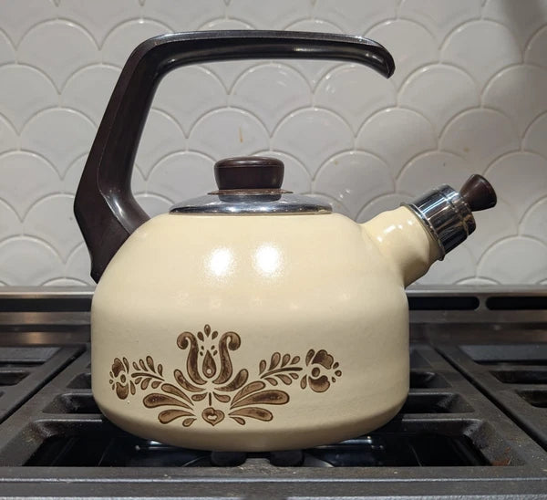 Rare Vintage Pfaltzgraff Village Enamelware Whistling Tea Kettle MCM Tea Pot
