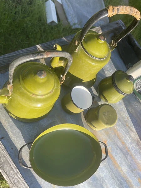 Vintage Collection Of Garden Green Enamelware Tea Pots Cups Container & Tray