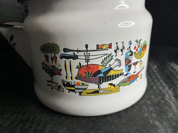 Georges Briard Enamel Retro Mid Century Turkey Dinner Graphics Teapot Kettle MCM