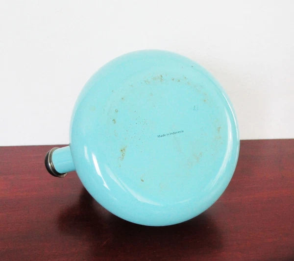 Enamel Tea Kettle Aqua Teal Whistling Black Handle 3 Quart Space Age Design