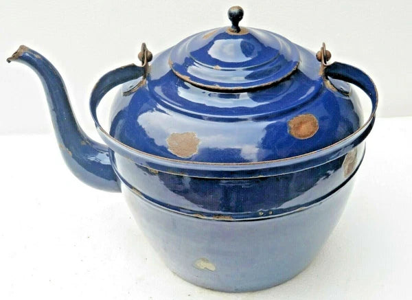 VINTAGE Enamelware tea Kettle Cobalt Blue Color Big size H & C0. Mark