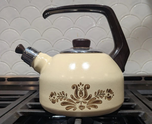 Rare Vintage Pfaltzgraff Village Enamelware Whistling Tea Kettle MCM Tea Pot