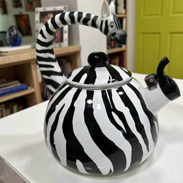 Enameled Zebra Whistling Tea Kettle 9 Inches Height, Black/White