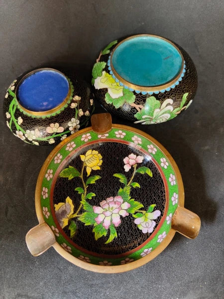 Chinese Vintage Cloisonne Bowl Cigarette stand Enamel Flowers Fine