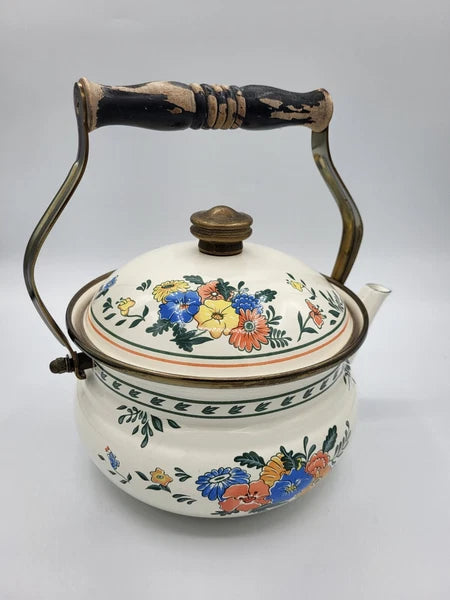 Vintage Floral Enamel Tea Kettle Made in Taiwan*