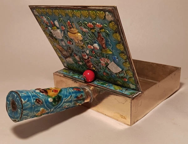 CRUMB CATCHER vtg chinese blue enamel cloisonne coin box teapot vase urn book