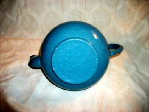 ANTIQUE FRENCH ENAMELWARE BLUE SPECKLED TEAPOT KETTLE GRANITEWARE GILT FLOWERS