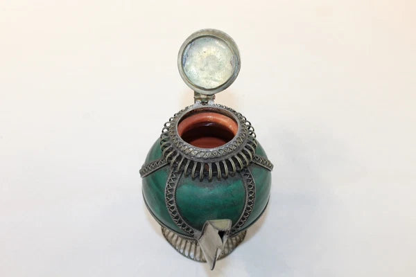 Chinese Middle Eastern Teapot Porcelain Metal Detailed Metal Accents Small Size