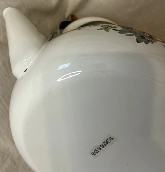 Vintage Enamel Metal Floral Teapot With Wooden Knob & Handle