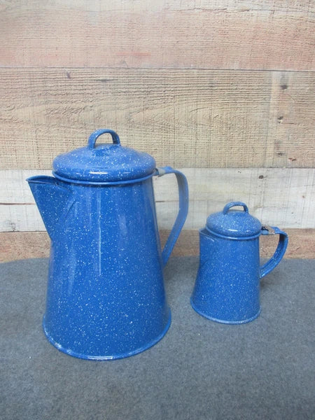 2 - Blue Speckled Enamel Cowboy Coffee / Tea Pots 3 Cup & 12 Cup