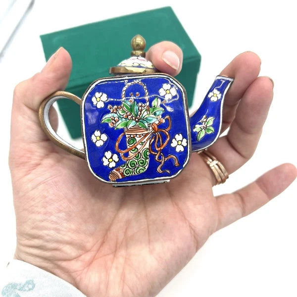 Chinemel Miniature Teapot by Bill Yee Copper and Enamel Vintage W/Box