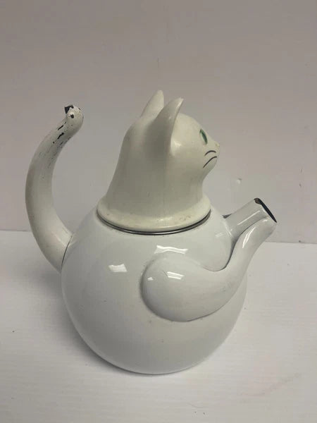 Vintage 1980s COPCO Cat TEA KETTLE White Enamel missing mouse whistle - 948