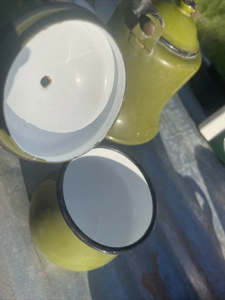 Vintage Collection Of Garden Green Enamelware Tea Pots Cups Container & Tray