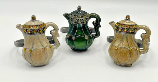Napkin Rings Enamel & Rhinestone Teapots Set of 3 Green and Gold Classy Country