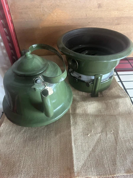 C. 1940S  Enamelware Stove Kerosene 3-wick STOVE WITH COFFEE / TEA POT - SCARCE